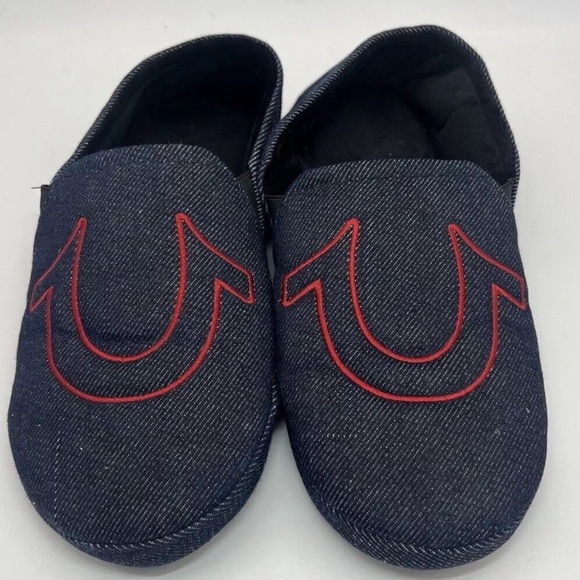 TRUE RELIGION Slippers Mens Size 9 - 10 Blue Denim Red Logo Slip On Hard Bottom - Picture 3 of 6